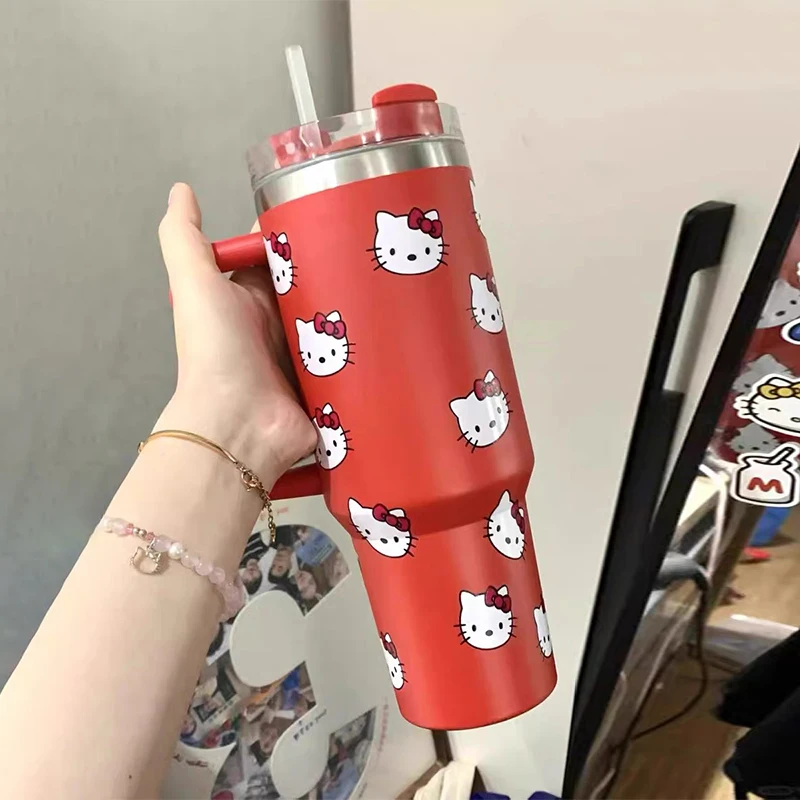 

Hello Kitty Sanrio Kawaii Изолированная чашка из нержавеющей стали с ручкой соломенный термос большой емкости напитки Кокс Питьевая кофейная кружка