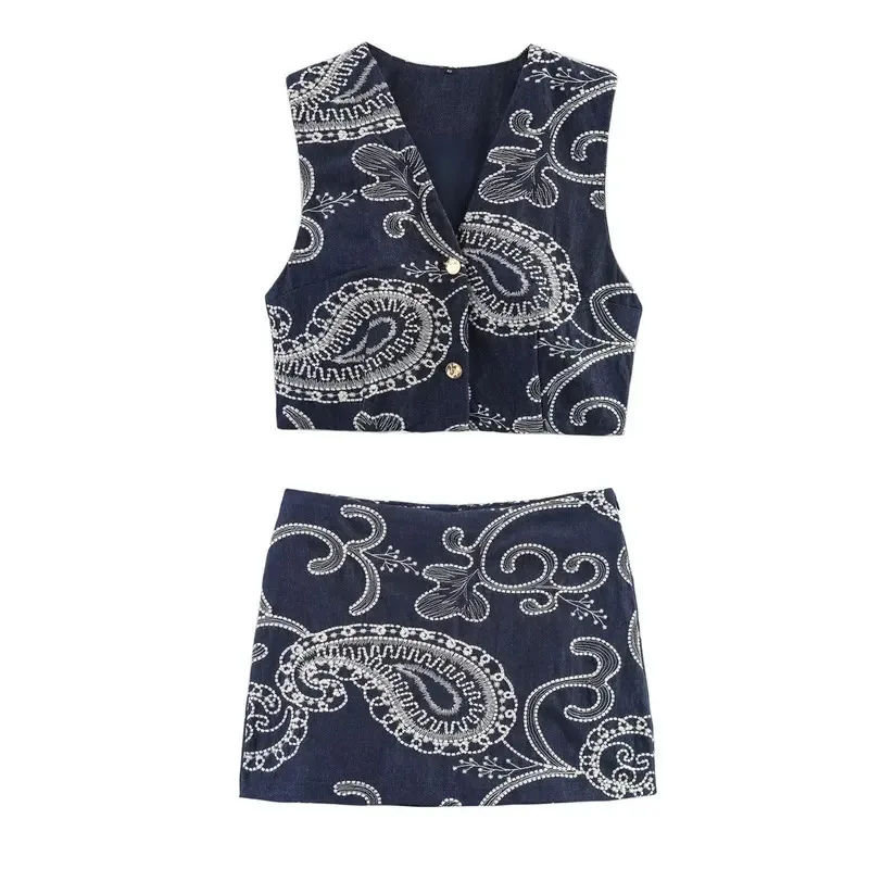 

Elegant Vintage Embroidery Women's Sleeveless V-neck Vest Mini Skirt Summer Casual Holiday Short Skirt Shorts Set