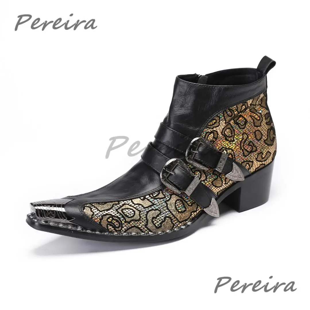 

Golden Patchwork Chelsea Boots Iron Pointed Toe Genuine Leather High Heel Short Boots Luxury Buckle Party Banquet Men's Shoes