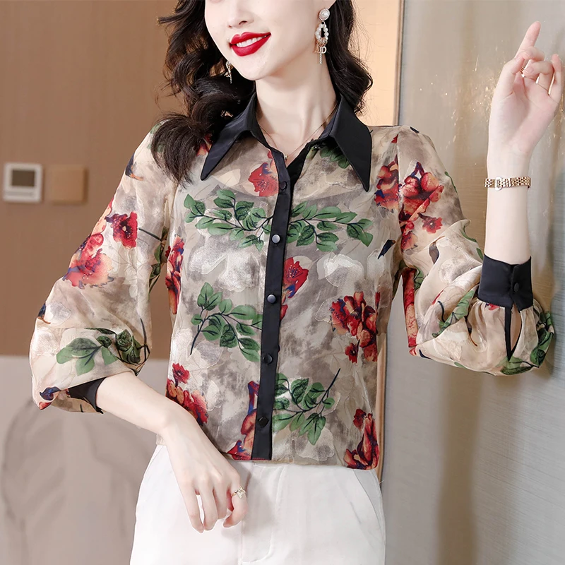 Vintage damesblouses Casual bedrukte shirts Mode losse lente/zomer chiffon kleding Koreaanse damestops met lange mouwen