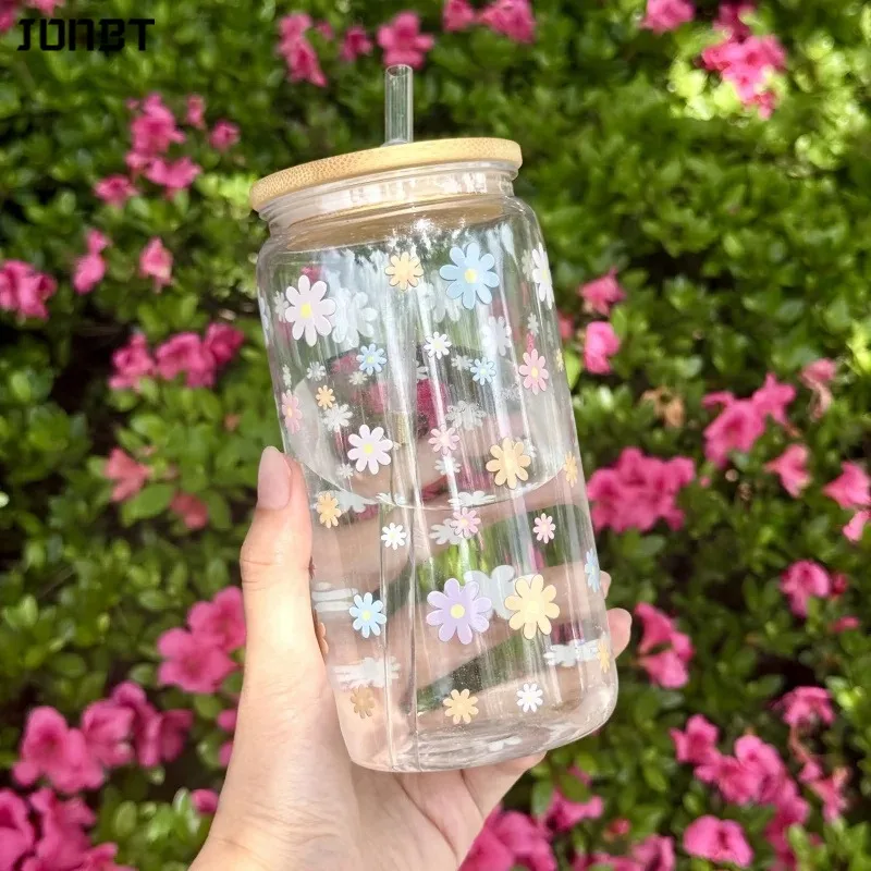 

Reusable Plastic Cup with Straw Lid 16oz Daisy Cherry Blossom Bow Water Bottle Durable Iced Coffee Juice Cup For Party Drinkware