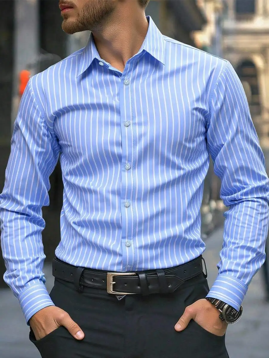 

Men's Light Blue Vertical Stripe Long Sleeve Button-Up Shirt, Business Casual, Fall