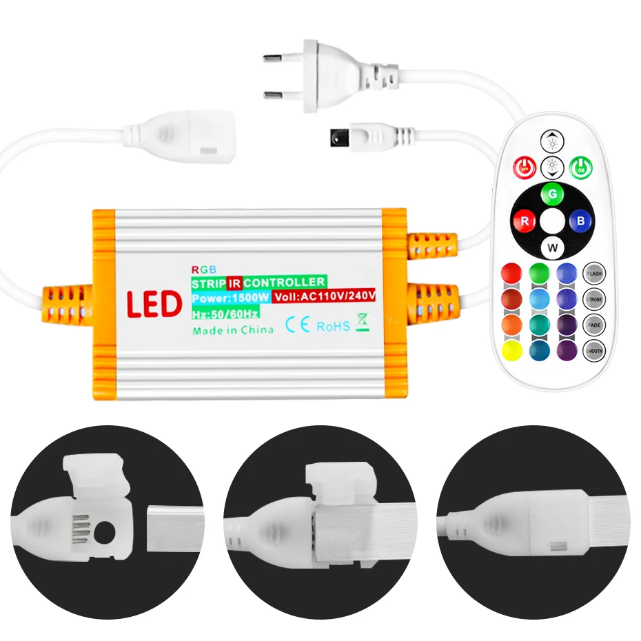 조도 조절 IP68 방수 컨트롤러, SMD5050 2835 RGB LED 스트립 LED 네온 램프용 24 키 IR 리모컨 포함, 1500W, 110V, 220V