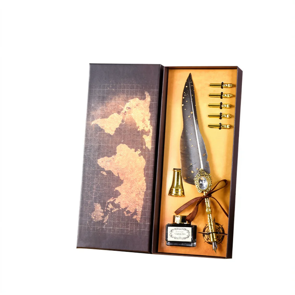 European Retro Feather Quill Pen Set Elegant Calligraphy Writing Instrument Gift Box For Business Promotion Awards Event