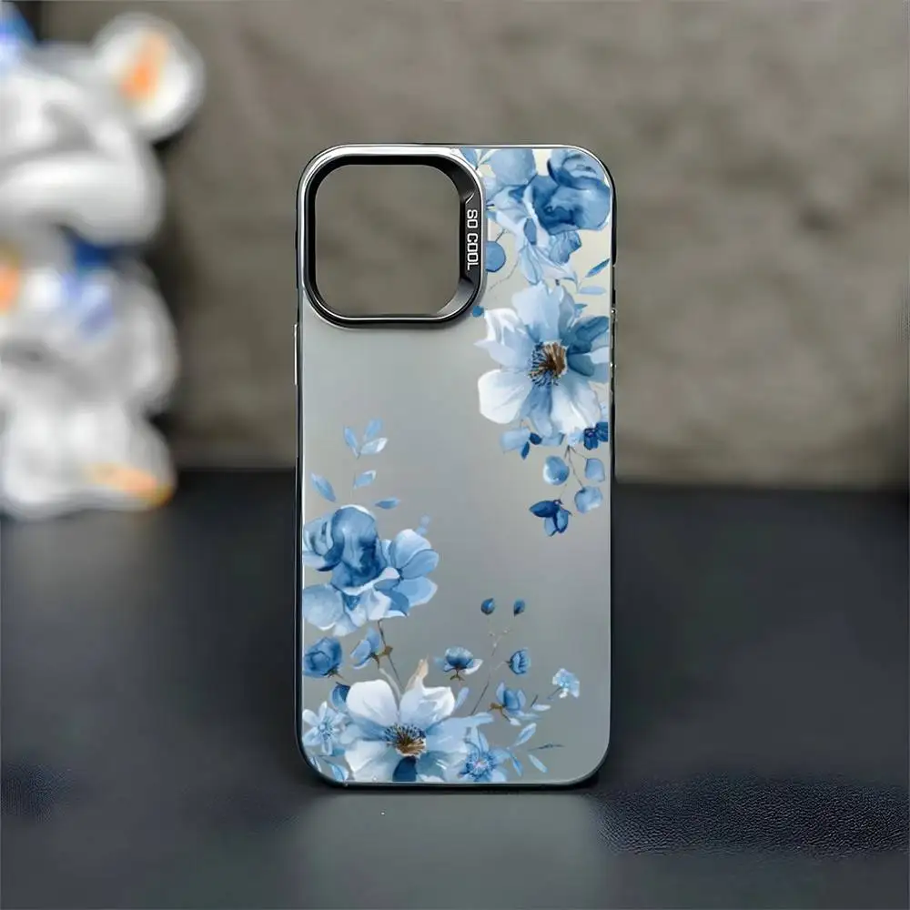 เคสโทรศัพท์ลายดอกลิลลี่สีน้ำเงินสุดหรู สำหรับ iPhone17,16,15,14,13,12,11 Plus,Pro สีเงินด้าน ป้องกันการกระแทก