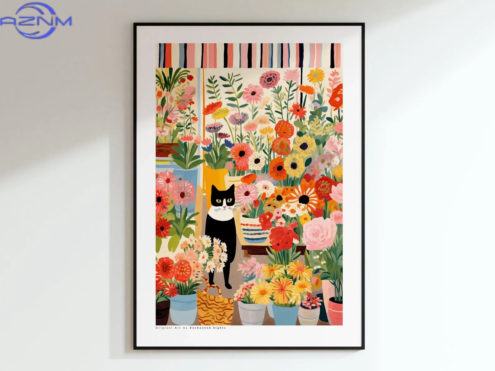 AZNM Black And White Cat Poster with Flowers - Cat Art Print Cat Illustration Floral Wall Decor Ideal Gift for Cat Lovers
