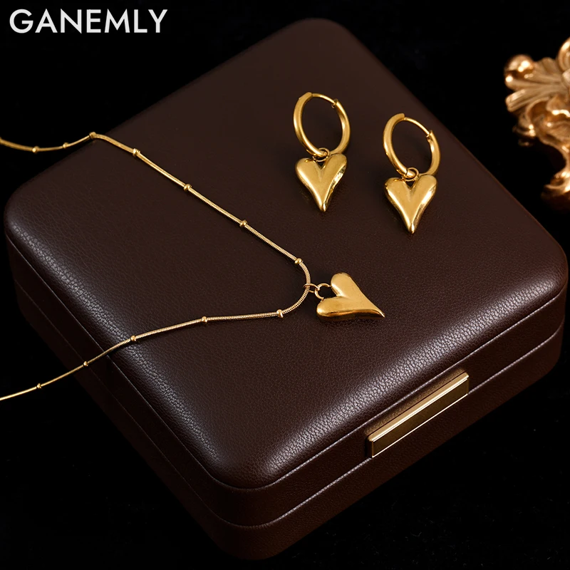 

GANEMLY 316L Stainless Steel Heart Love Pendant Necklace Earrings Set For Women Fashion 18K Gold Plated Jewelry Set Lady Gift
