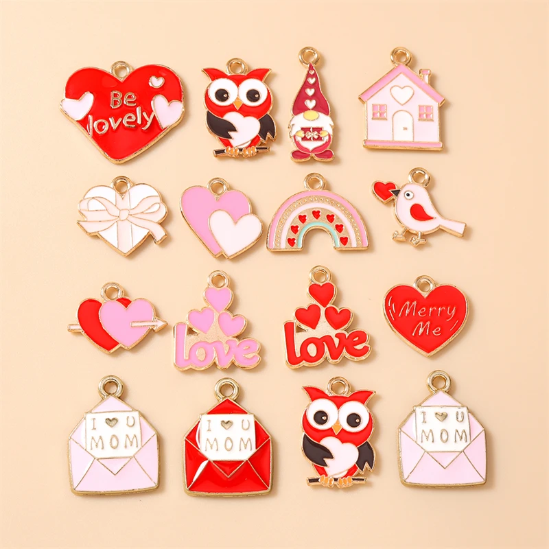10 Stück gemischte Emaille-Anhänger mit Liebesherz- und Buchstabenmotiven zur Herstellung von Halsketten, Ohrringen, Valentinstag-DIY-Bastelarbeiten und Schmuckzubehör – Detail 1