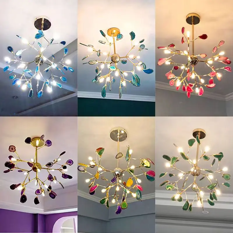 Natural Agate Chandeliers Colorful Green Blue Red Purple Pink LED Lighting For Foyer Restaurant Bedroom G4 Bulb Cord Adjustable