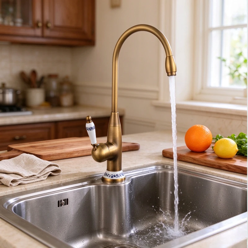 European copper hot and cold antique basin faucet celadon handle basin kitchen sink rotatable mixer faucet