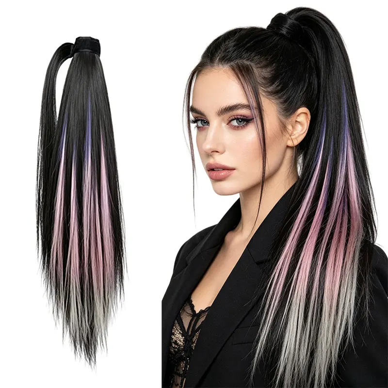 

50cm Long Straight Highlighted Ponytail Hair Extensions, Synthetic Ponytail with Velcro Wrap, Invisible Natural Hairpiece for Women, Suitable for Dating, Daily Use, Parties, Travel, Etc., the Best Choice as a Gift
