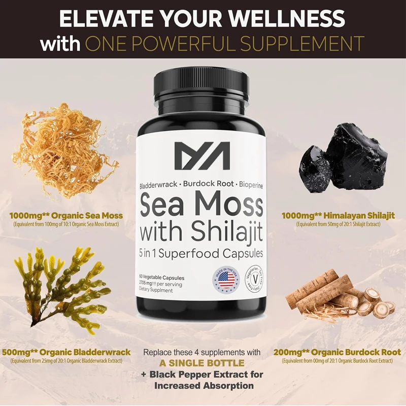 Sea Moss with Shilajit 5-in-1 Superfood Mineral Supplement with Bladderwrack, Burdock Root & Black pepper | Enhanced Absorption