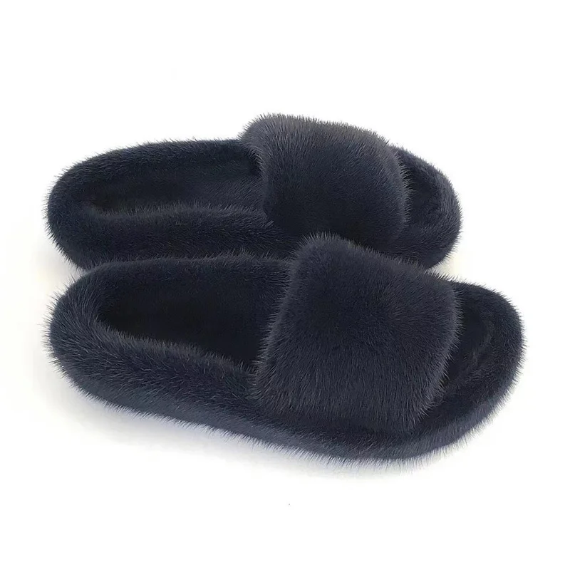 Winter Luxury Real Mink Fur Shoes For Women Sexy Designer Wedge Heel Solid Fluffy Outdoor Shoes Wholesle Mink Fur Slippers