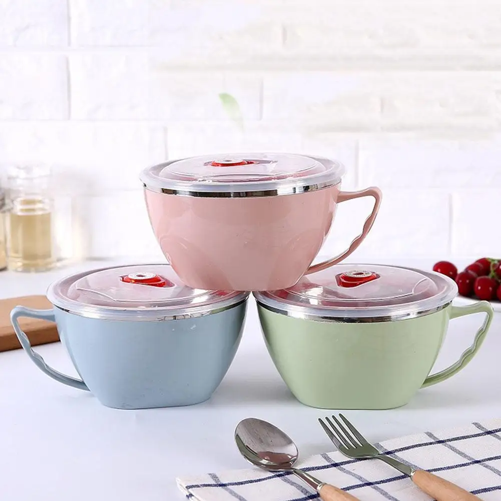 Large Capacity Stainless Steel Double-layer Ramen Noodles Bowl Anti-scalding Instant Noodle Bowl With Lid And Spoon Tableware