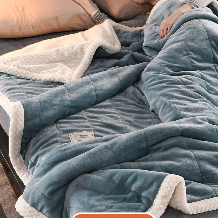 Lamb wool, blanket quilt, winter, three layers, thickened, warm, coral