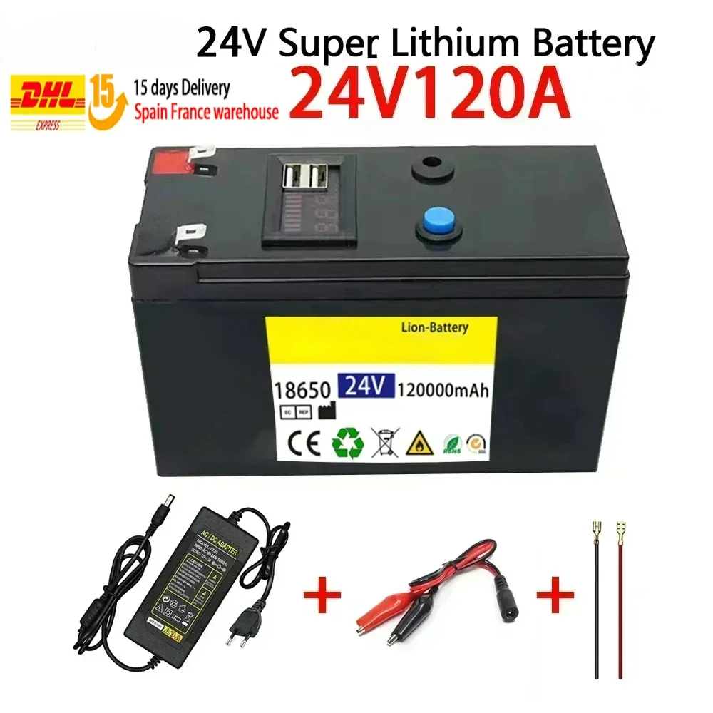 24V Battery 120Ah 18650 Lithium Battery Pack Rechargeable Battery for Solar Energy Electric Vehicle Battery+25.2v2A Charger