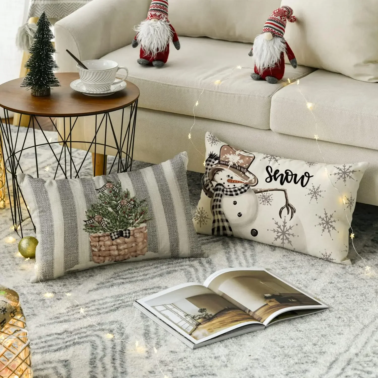 Christmas snowman reindeer pillow case, 30X50cm winter holiday striped cushion cover sofa waist pillowcase.