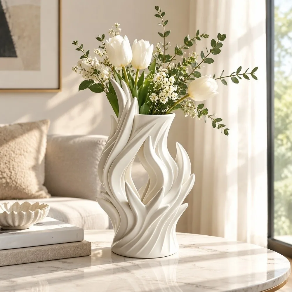 Ins Style 3D Printed Irregular Vase Hollow Out Twisted Wave Artistic Flame Vase Minimalist Flower Container Entrance