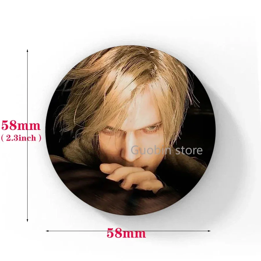 58mm Leon Kennedy Pink Bow Heart Cute Button Pin Evil Game Creative Leon Brooch Badge for Bag Accessories Friends Gift