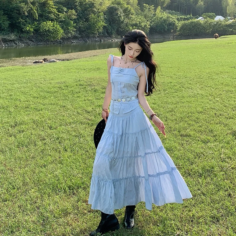 

Travel Faion Semi-Long Skirt Set Women's Cardigan Two-Piece Set Light Blue Midi Dr Strapl Long Sve Ensemble