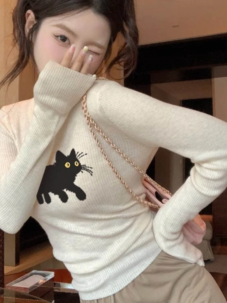 

New Korean Fashion Kawaii Cat Print T-shirts Autumn Winter Sweet Pullover Women Y2k Aesthetic Al Match Harajuku Long Sleeve Tops
