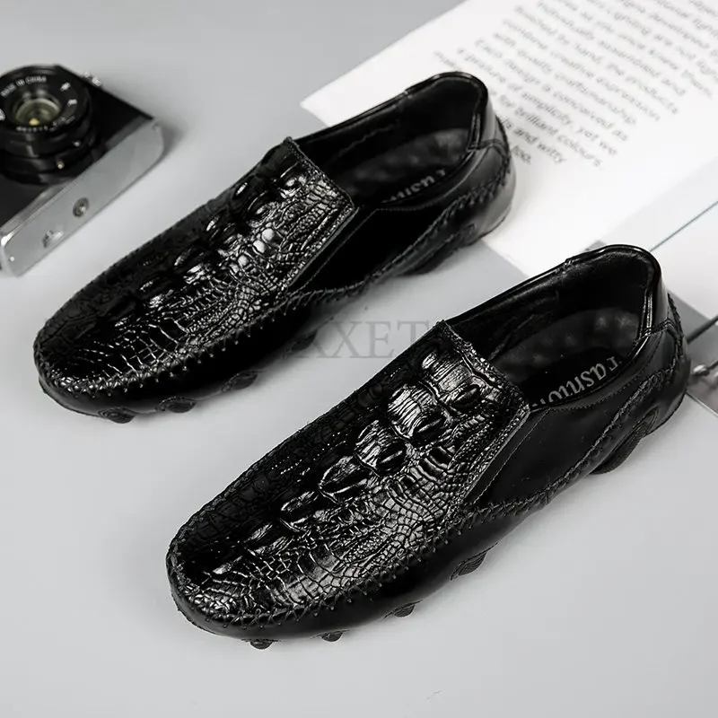 Crocodile Pattern Man Loafers High Quality Genuine Leather Driving Shoes Men\'s Non-Slip Sneakers Casual Walking Shoes