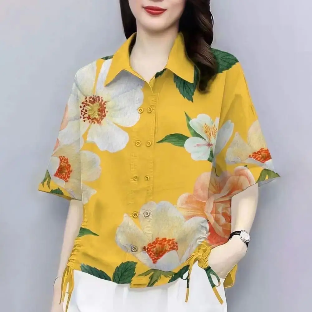 Side Tie Waist Blouse Loose Fit Lapel Blouse Floral Patterned Lapel Shirt for Women with Double Breasted Design Drawstring