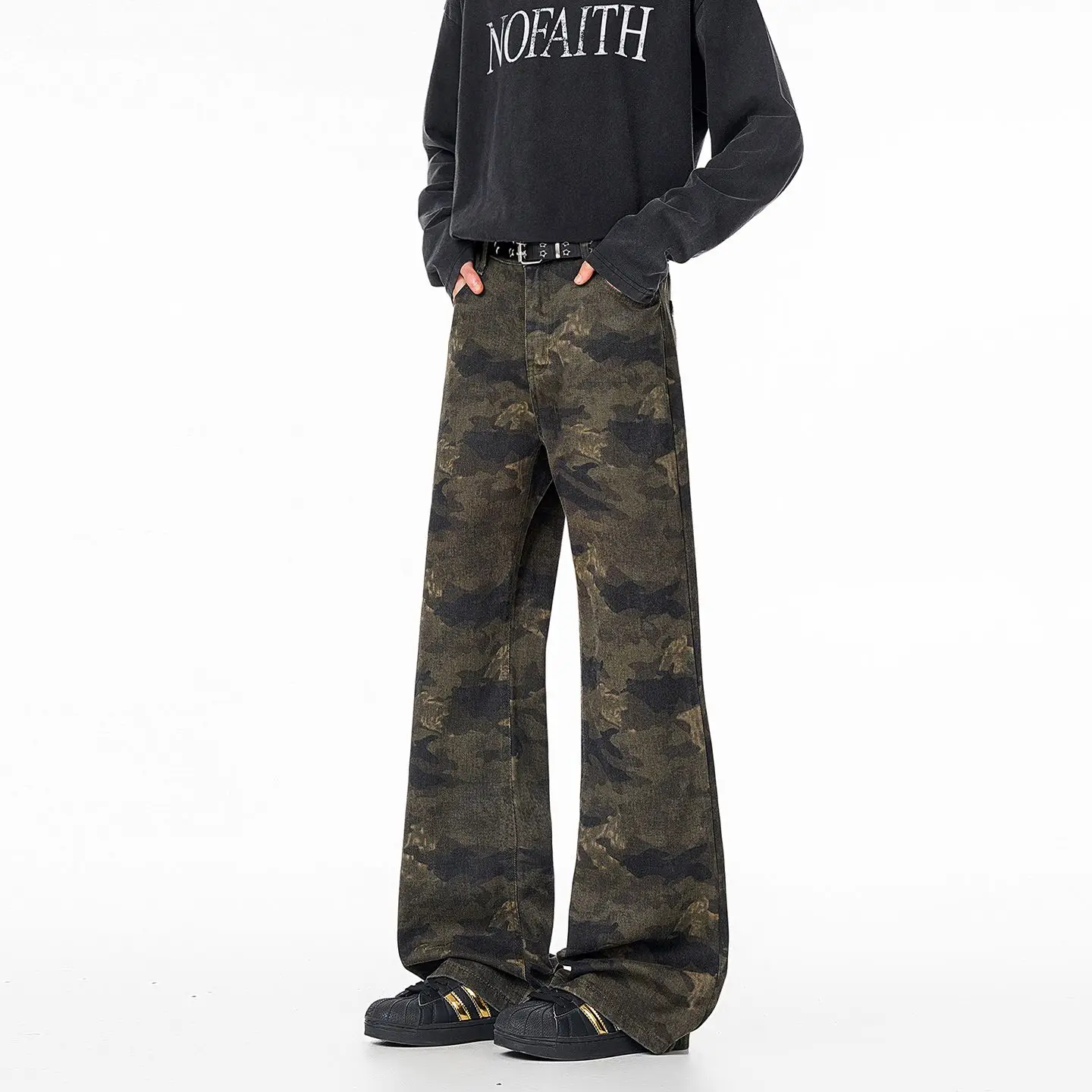 Y2K Dark Camouflage Jeans With Micro Horn Slim Fit Floor Pants High Street Style For Men Women