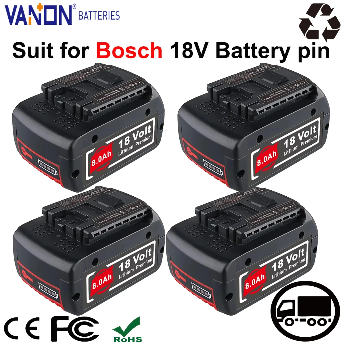 

VANON 1/2/4Pack BAT610G 8.0Ah Li-ion Battery 18V Replace for Bosch BAT609 BAT622 BAT618G BAT619 Cordless Power Tool Battery pin