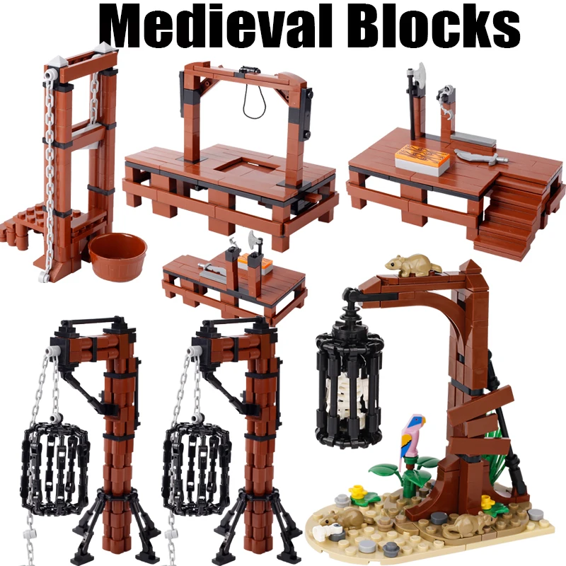 

MOC Medieval Military Series Building Blocks Castle Knights Guillotine Scaffold Hanging Cage Judgment Seat Weapon Bricks Toy Boy