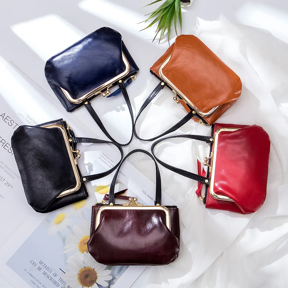 A2007 Genuine Oil Waxed Cowhide Top Layer Leather Retro Elegance Versatile Coins Holder Front Cosmetic Bag Lady Purse Handbag