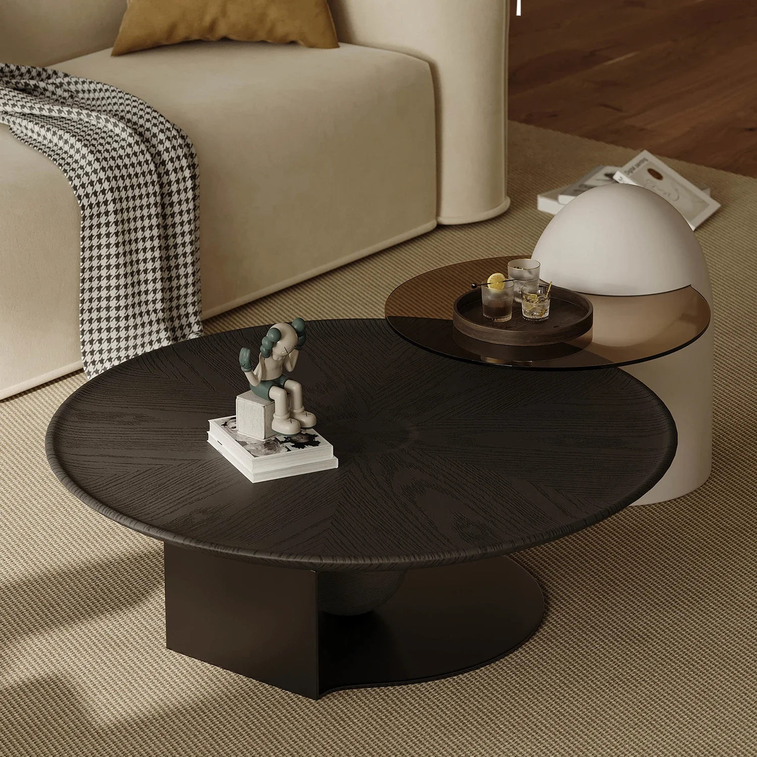 Small Apartment Minimalist round Smoked Wood Leather Coffee Table Black Designer