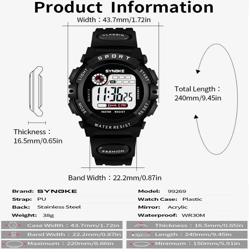 Synoke Kids Digital Sport\'s Watches Fashion PU Strap Led Waterproof Boy Girl Military Wristwatch Student Alarm Clock