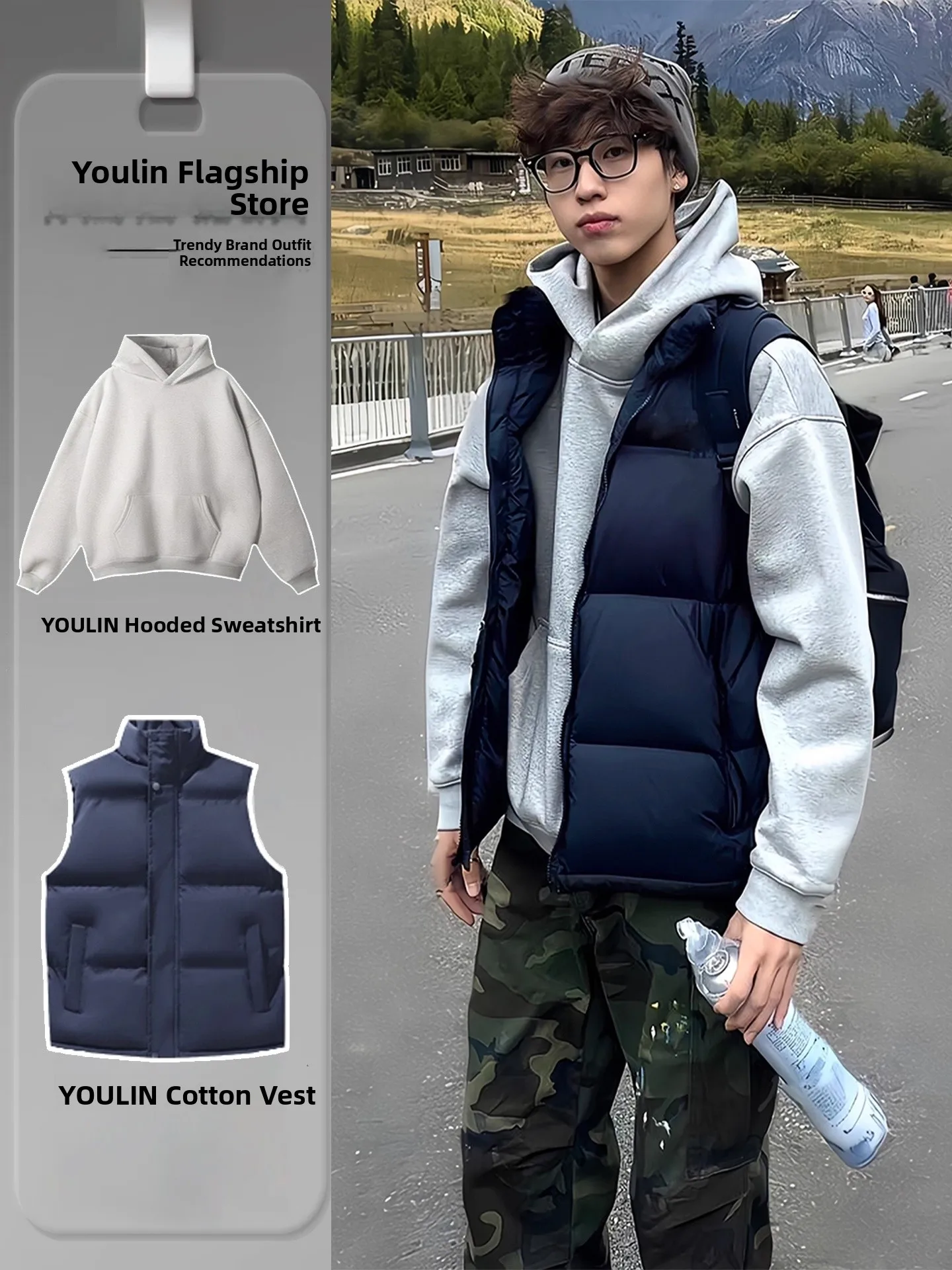 

Blue down Jacket Vest Men's Autumn Winter American High Street Layering Matching Set Sleeveless Outerwear Vest Coat