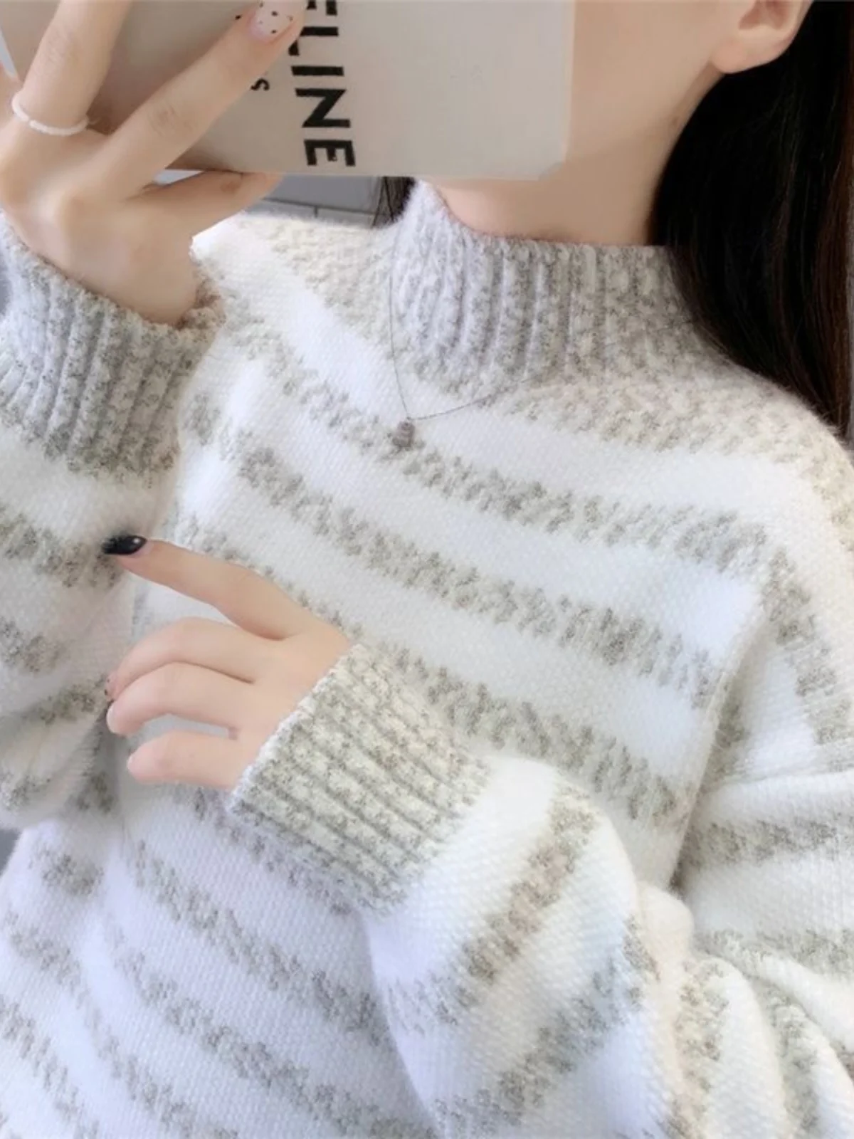 

Women's Thiened Fce Lined f High Collar Sweater Loose Warm Knittedwear Mink Velvet Inner Autumn Winter New Sle