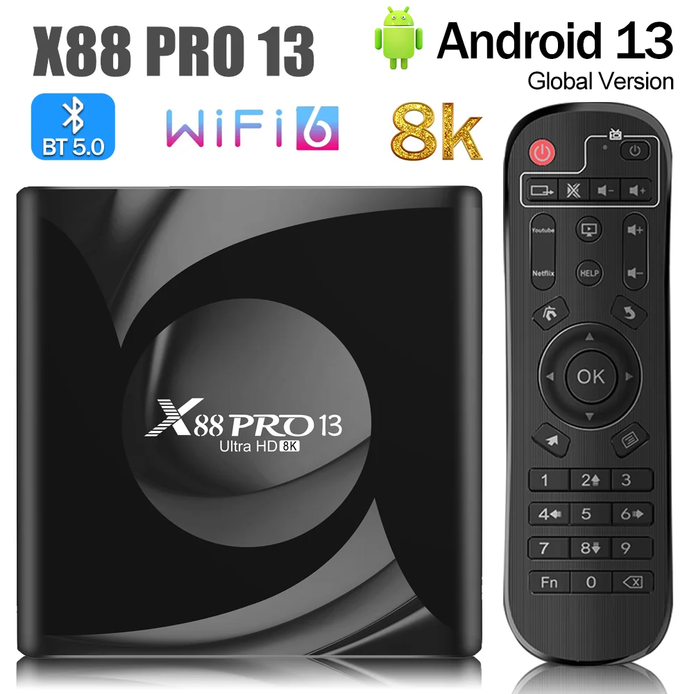 X88 Pro 13 Ultra HD 8K صندوق التلفزيون الذكي Android 13.0 RK3528 2GB16GB 4GB 32GB/64GB Wifi6 BT5.0 2.4G&5G Wifi Media Player Set Top Box