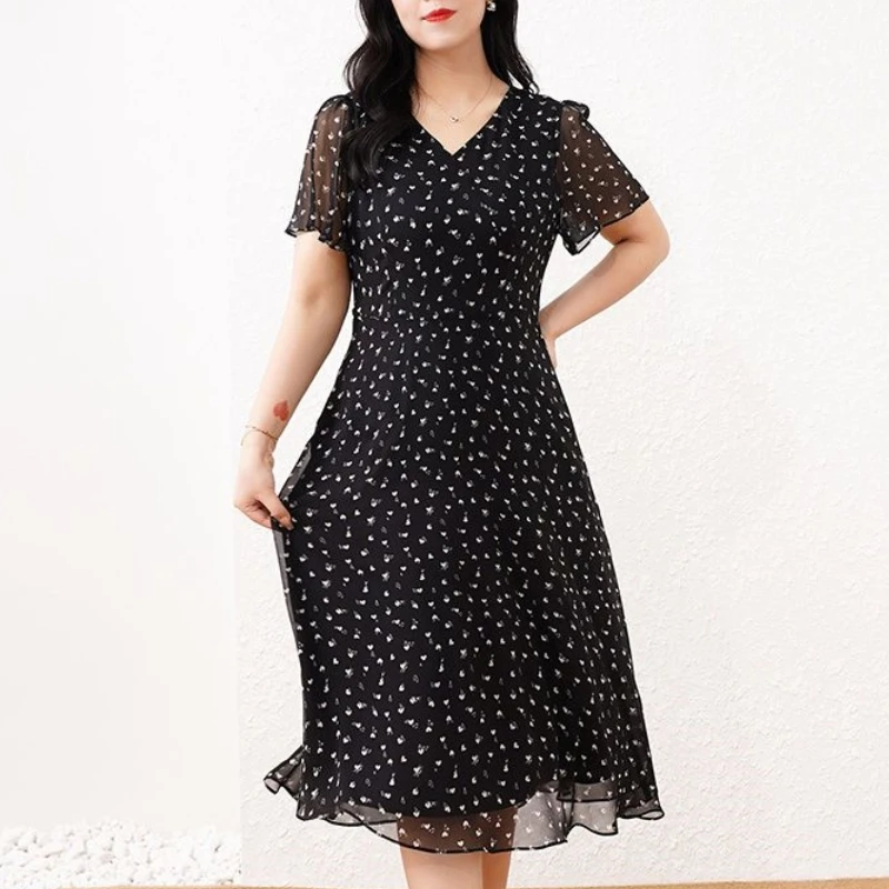 

2024 New Summer Chinese Style Commuting Fashion Loose Chiffon Floral A-line Skirt V-neck Bubble Sleeve Women's Mid Length Dress