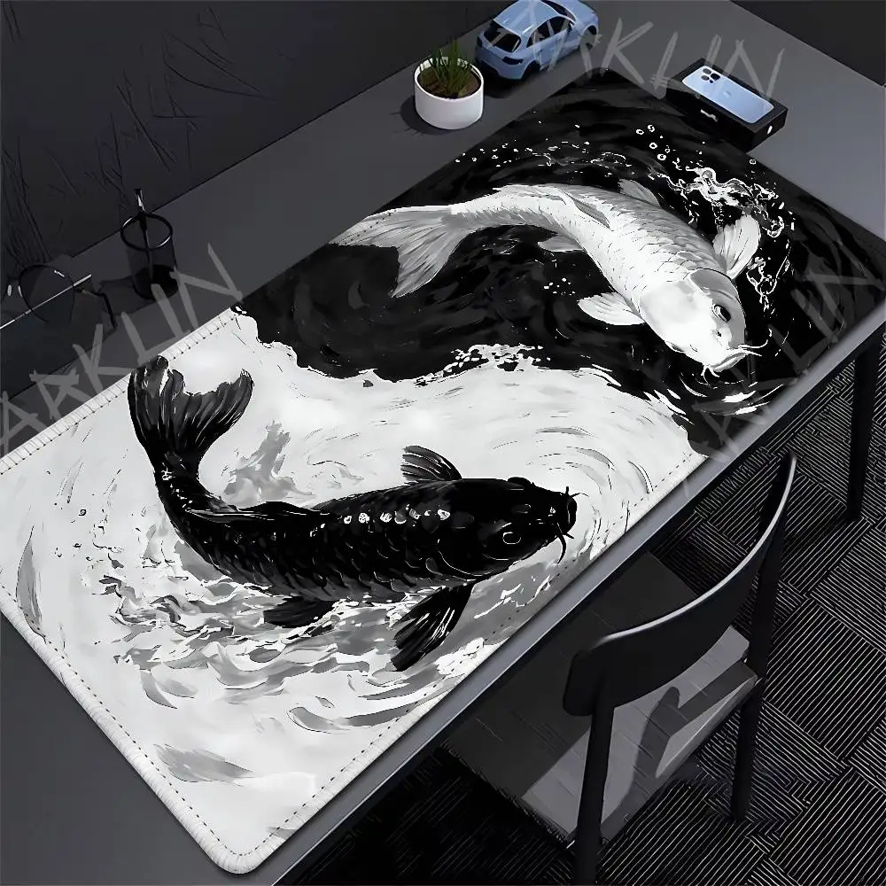 

Yin Yang Koi Fish Anime Mouse Pad Black White Desk Mat Japanese Zen Aesthetic Gaming Mousepad XXL Keyboard Pad Office Table Mat
