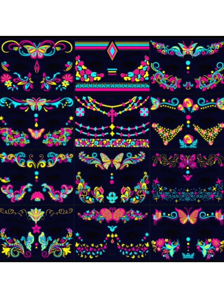 Autocollant de maquillage structurels ent imperméable, poudre scintillante dorée, autocollant de tatouage de visage, papillon et fleurs, fête de bricolage, décalcomanie néon, 14x15cm, 28 pièces