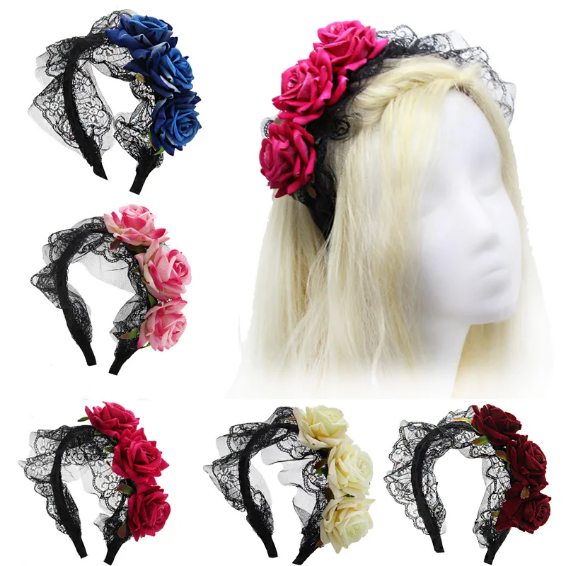 Rose Flower Lace Tiara Crowns Headband Gothic Cosplay Lolita Style Festival Women Hair Accessories  Christmas