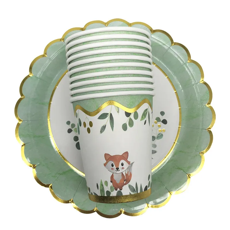 Assiettes en papier jetables, animaux de la forêt, renard, gobelets, fête de 1er anniversaire pour enfants, réception-cadeau pour bébé, thème forêt, fournitures de fête dans la Jungle, 10 pièces