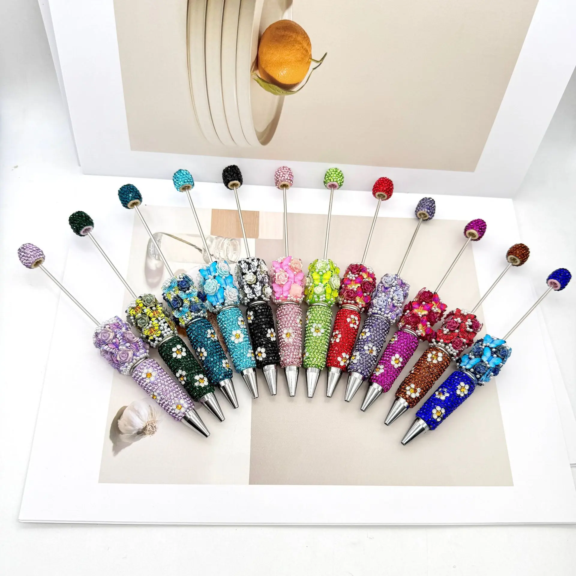 12Pcs Creative Butterfly Rose Diamond Bead Pen Multi Colored Pearl Daisy Ballpoint Pens Student Gift Pen Wholesale Stationery