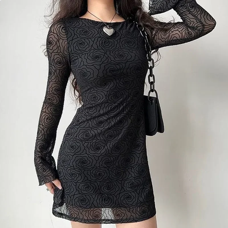 American Style Sexy Black Flower Line Round Neck Spring Long Sleeved Word a Dress Women Slim Lower Back Net Yarn Short Dress