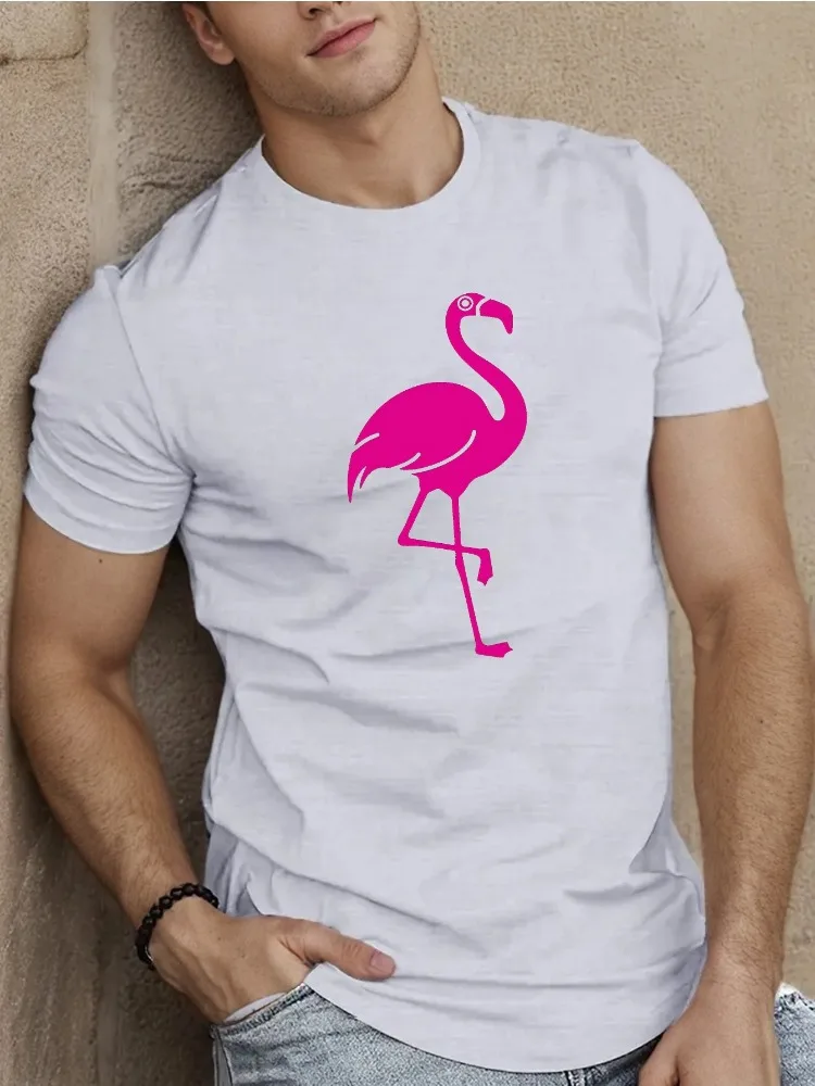 Tropical Beach Mens Loose Light Grey Tee Simple Pink Standing Flamingo Outline Graphic Soft Cotton Vacation Daily Street Shirts