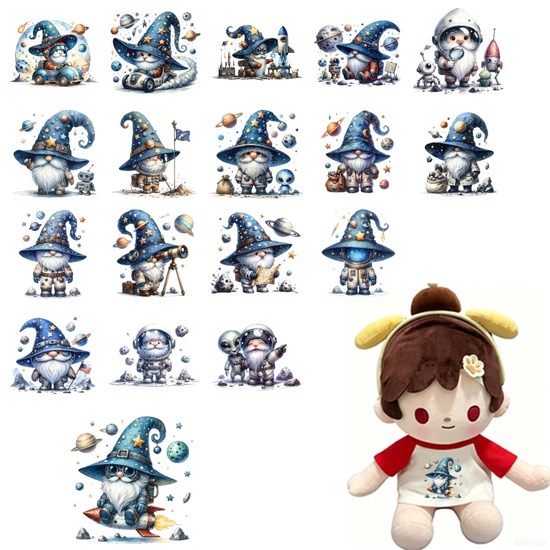 Space Wizard Gnome Heat transfer Hot stamping iron printing vinyl stickers child T-shirt DIY Toy doll clothing decoration