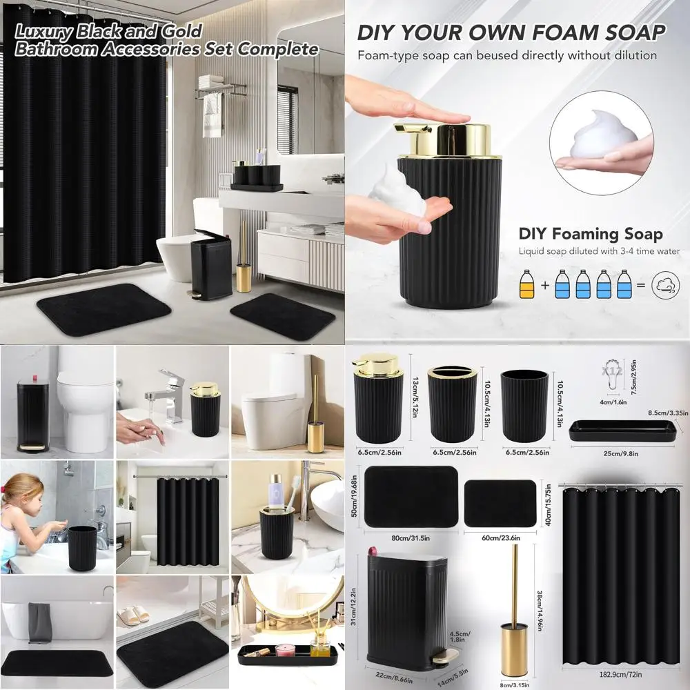 

9-Piece Black & Gold Bathroom Accessory Set: Stainless Steel Trash Bin, Toilet Brush, Toothbrush Holder, Soap Dispenser, Shower