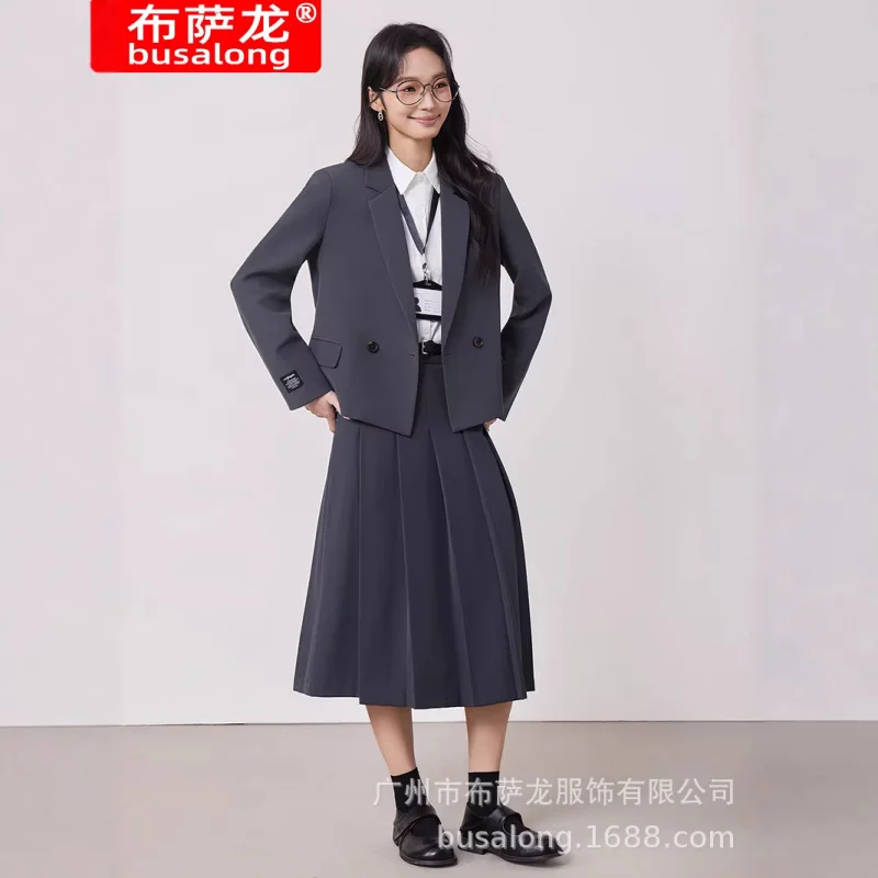 Gray women's suit set for spring and autumn, new style for petite women, casual commuting, interview formal wear, pleated skirt