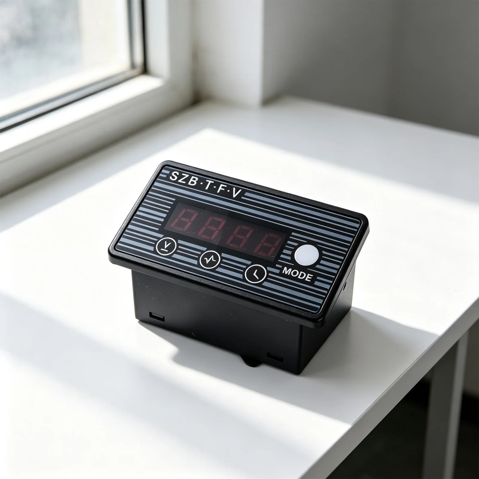 Generator Panel Meter 402C Showing Voltage For Frequency and Hour Metrics with Red LED Visibility for Low Light