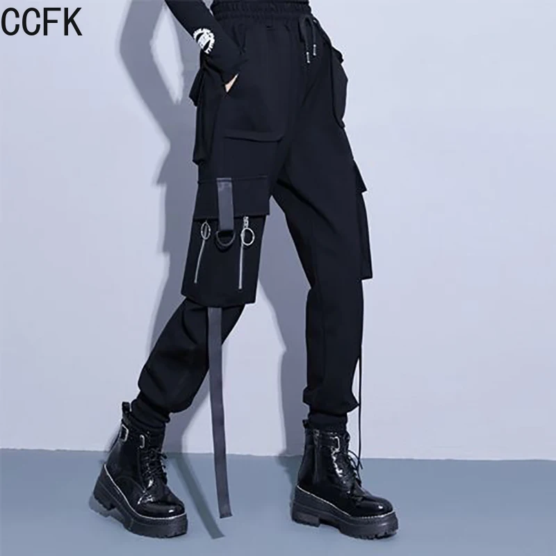 กางเกงเทคแวร์ผ้าฝ้ายสำหรับผู้หญิง กางเกงฮิปฮอปสไตล์ไซเบอร์พังก์ กางเกงคาร์โก้ลำลองสำหรับฤดูใบไม้ผลิและฤดูใบไม้ร่วง กางเกงริบบิ้นทรงสลิม กางเกงจ็อกกิ้งสไตล์อีโม