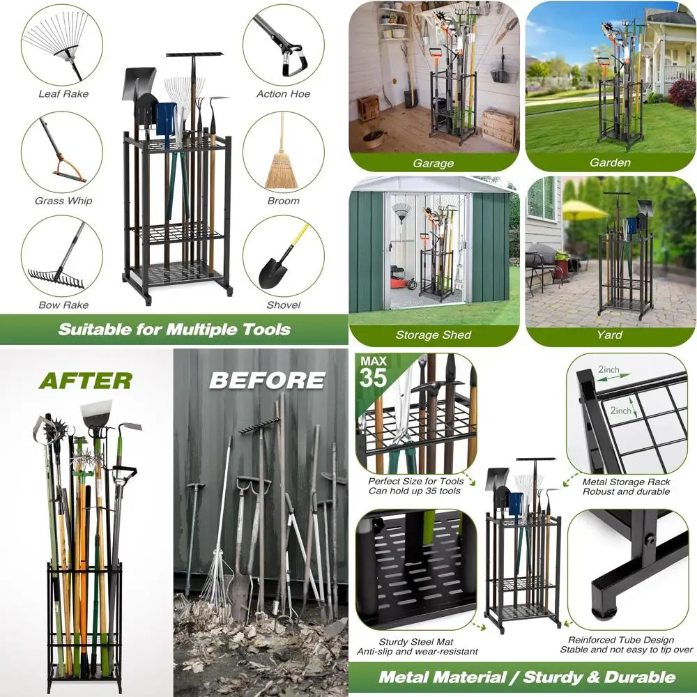 

Heavy-Duty Steel Yard Tool Rack for 35+ Long-Handled Garden Tools, Garage Storage, Outdoor Use, Black